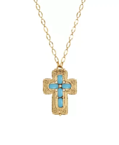 14K Gold Dipped Moonstone Cross Locket Necklace 32"