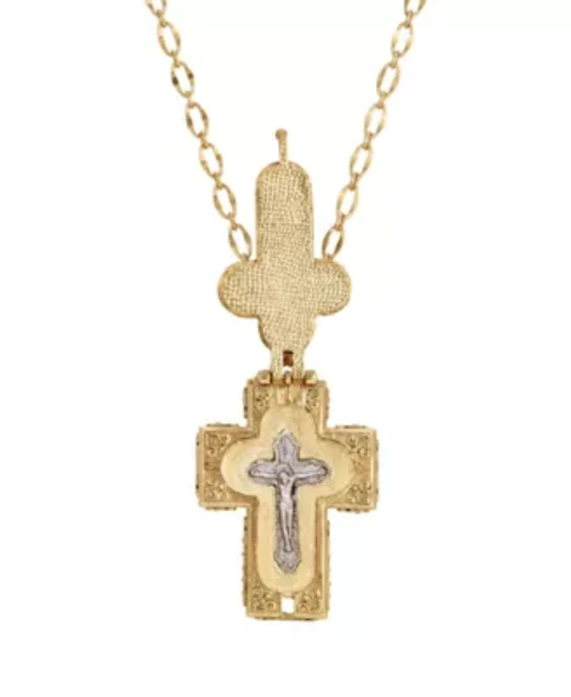 14K Gold Dipped Moonstone Cross Locket Necklace 32"