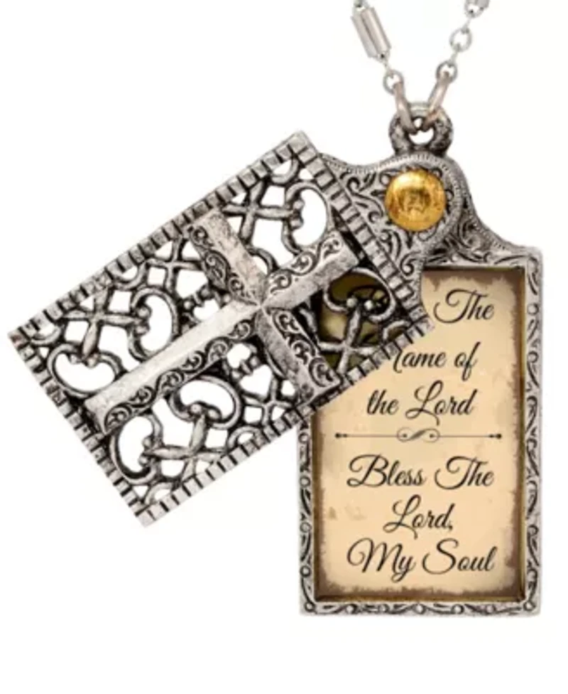 Silver Tone Rectangle Prayer Cross Locket Necklace 28"