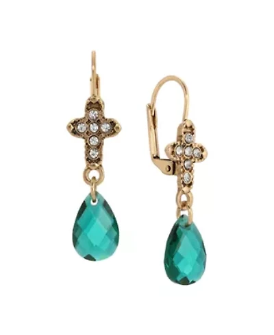 Gold Tone Crystal Cross Glass Drop Leverback Earrings