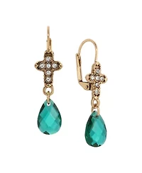 Gold Tone Crystal Cross Glass Drop Leverback Earrings