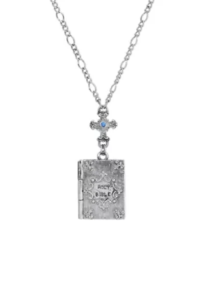 Color Stone Cross & Bible Locket Holy Family Necklace 28"