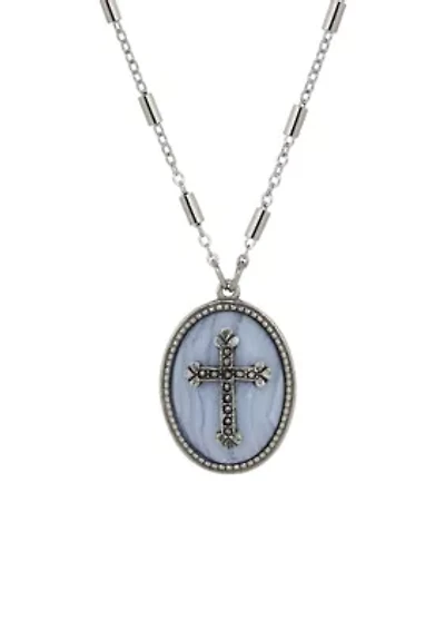 Silver Tone Oval Semi-Precious Pewter Cross Necklace 18"