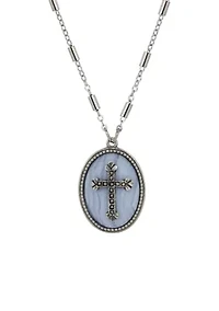 Silver Tone Oval Semi-Precious Pewter Cross Necklace 18"