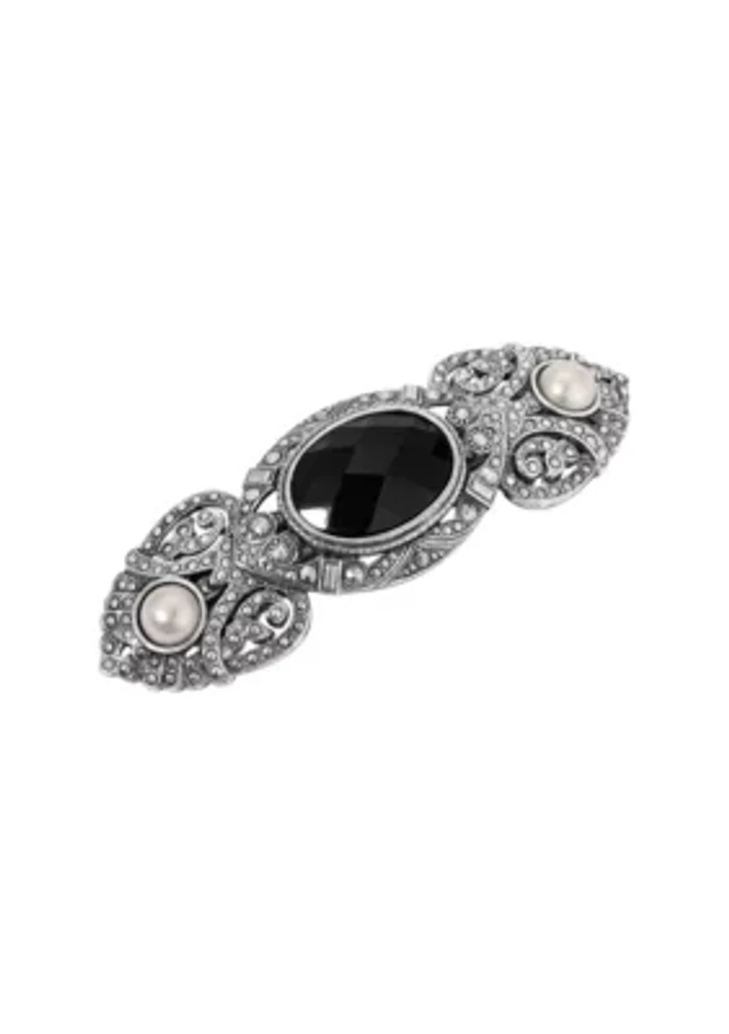 Silver Tone Black Oval Gls Hair Barrette