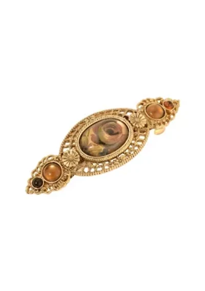 Gold Tone Rose Decal Oval Hair Barrette