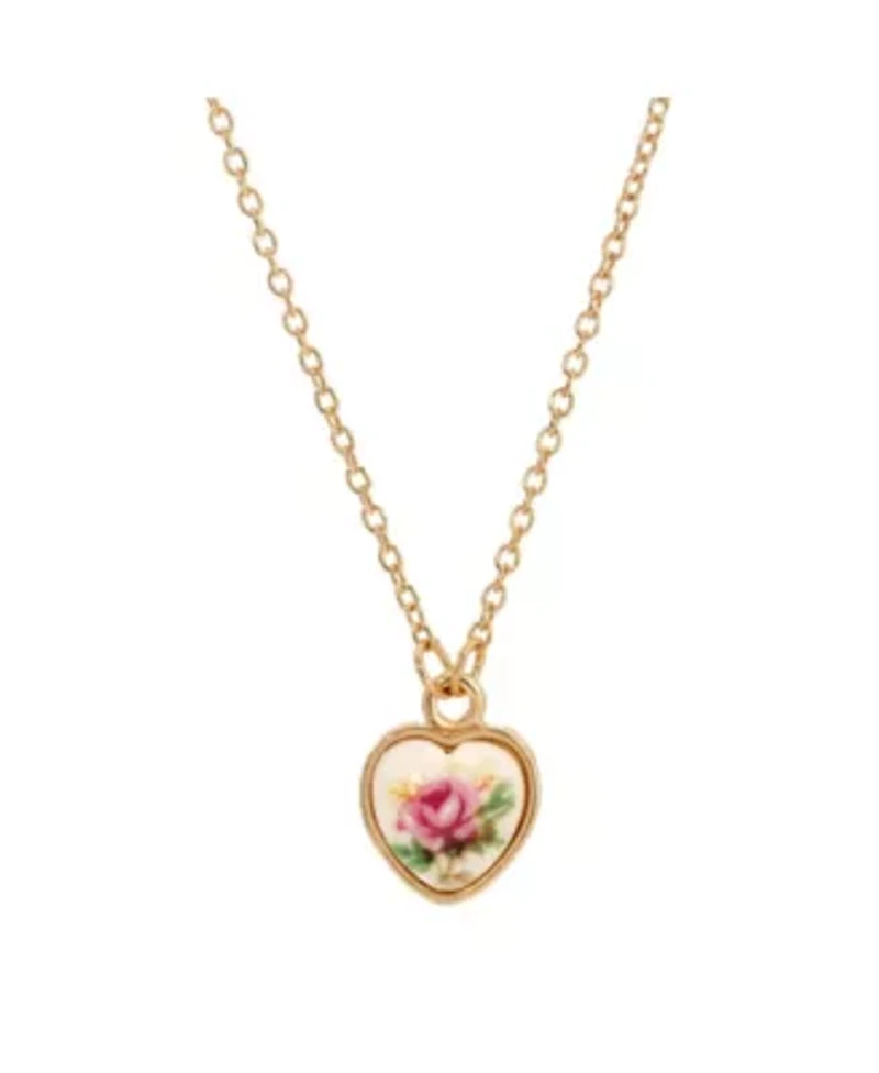Gold Tone Flower Decal Heart Necklace 15" Adj.