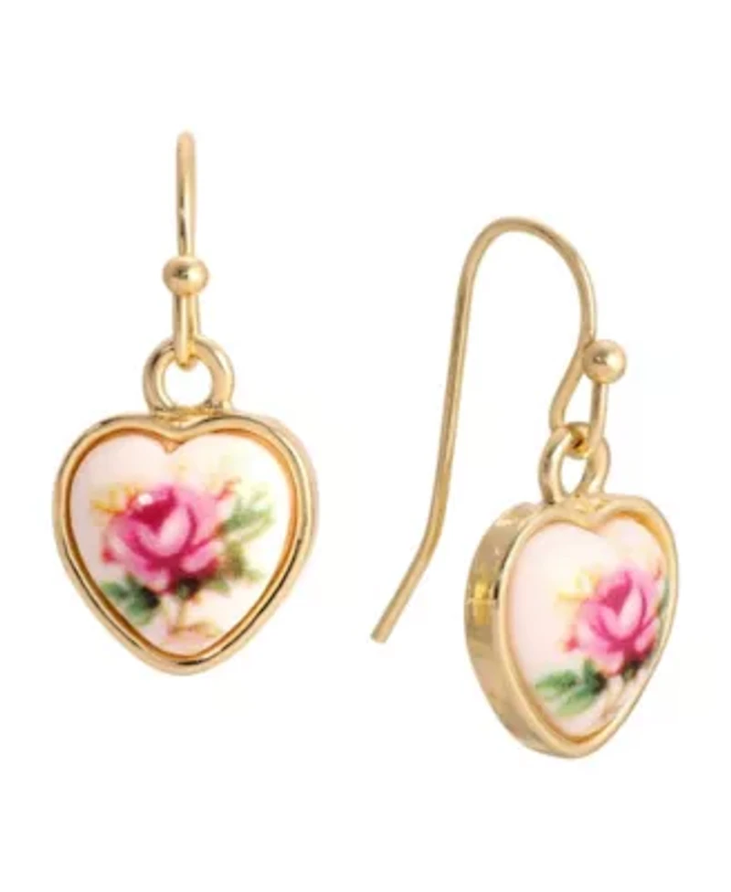 Gold Tone Flower Decal Heart Wire Earring