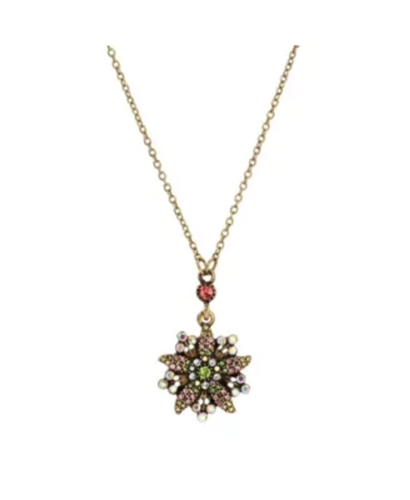 Gold Tone Multi Color Flower Drop Necklace 15" Adj.