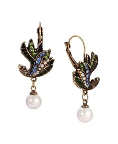 Gold Tone Multi Color Flower Drop & Round Pearl Bead Leverback Earring