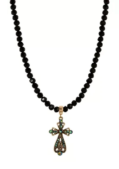 Crystal AB & Blue Stn Cross Necklace 15A