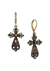 Crystal AB & Blue Stone Cross Earrings