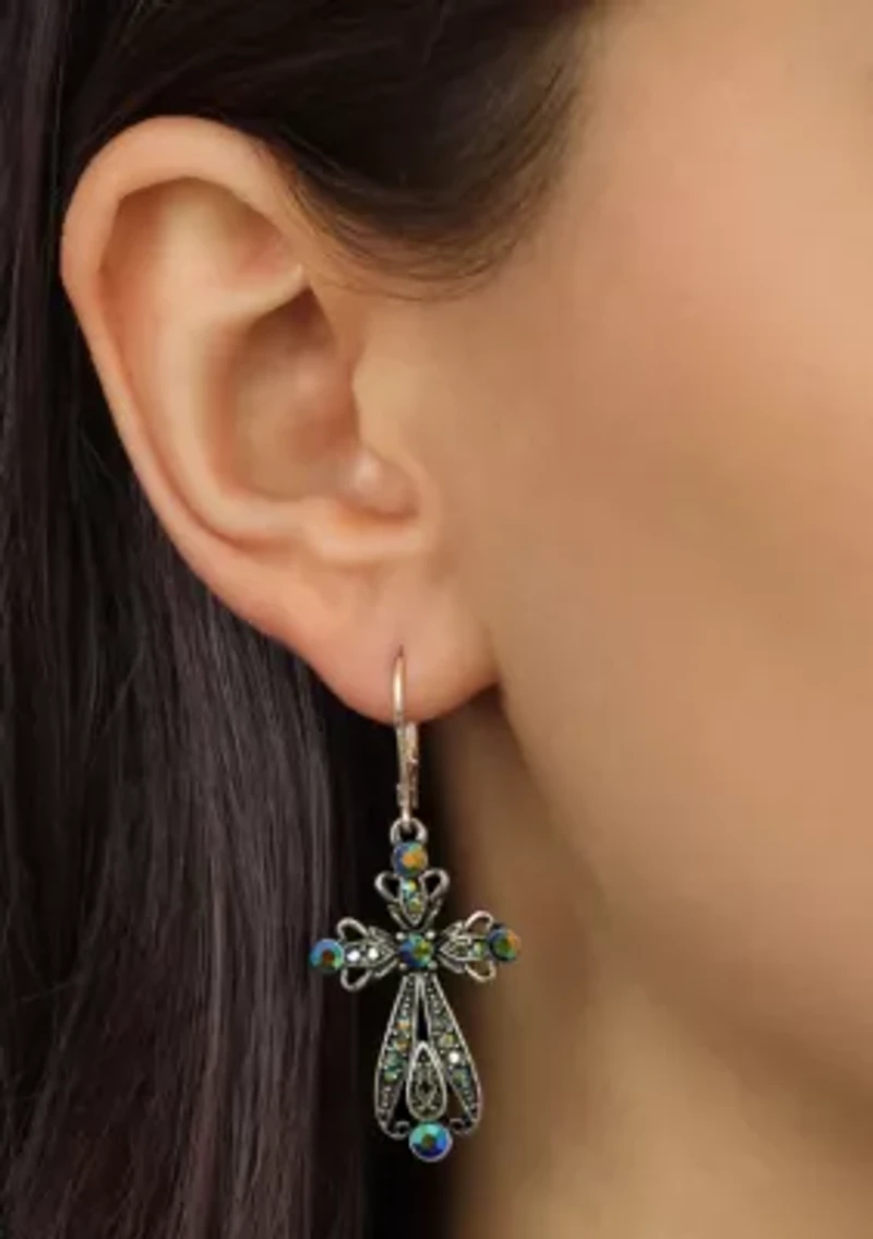 Crystal AB & Blue Stone Cross Earrings
