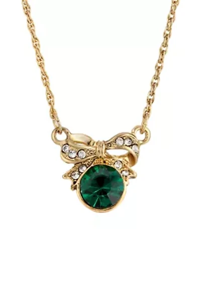 Gold-Tone Green Bow Necklace 16" Adj.