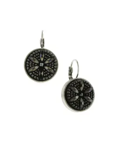 Silver-Tone Black Flower Stone Round Drop Earrings