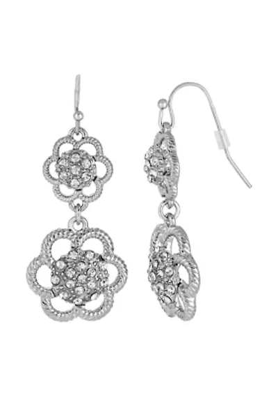 Silver-Tone Crystal Flower Drop Earrings