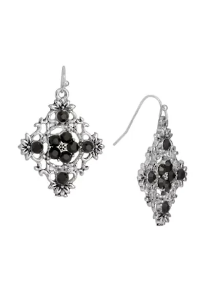 Silver-Tone Black Filigree Drop Earrings