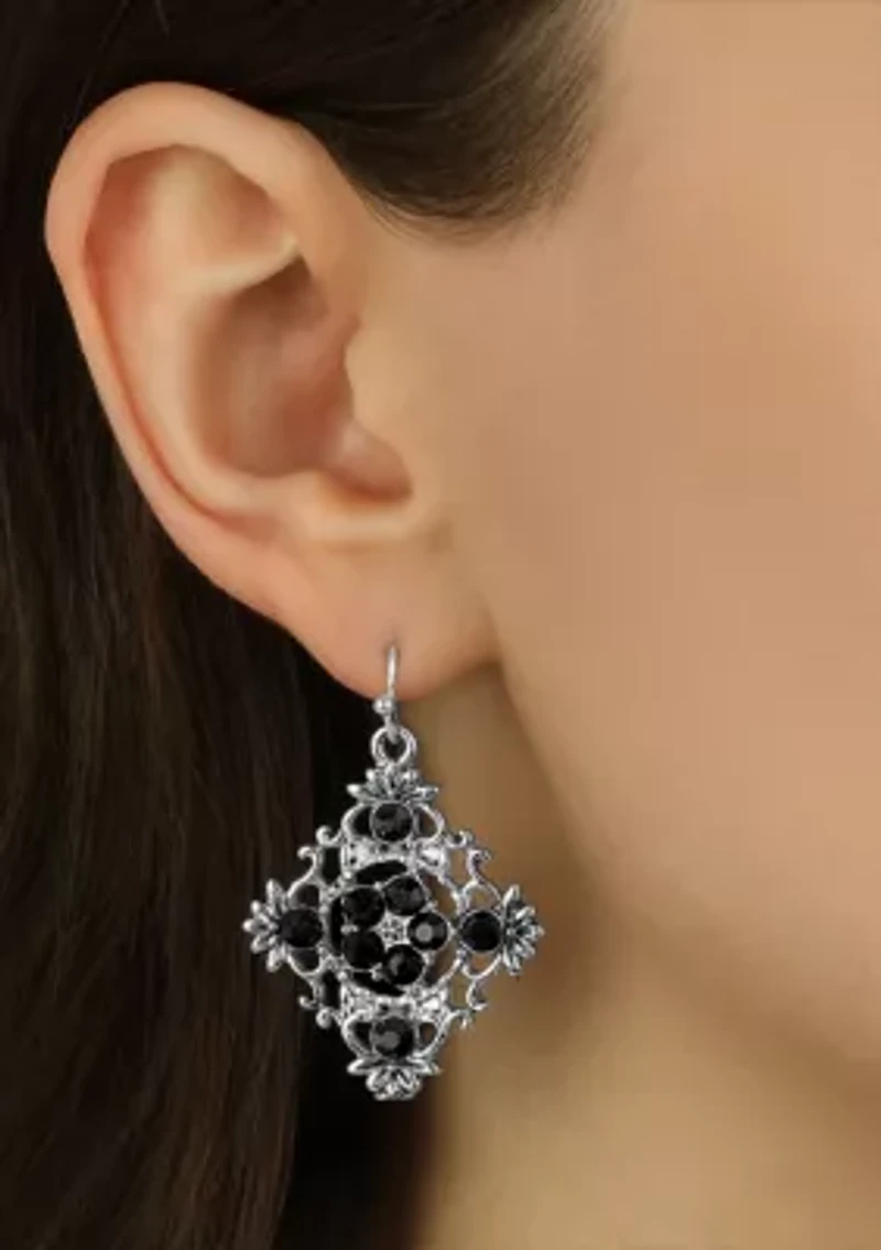 Silver-Tone Black Filigree Drop Earrings