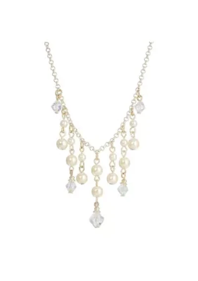 Silver Tone Pearl and Crystal Bib Necklace 15 Adj