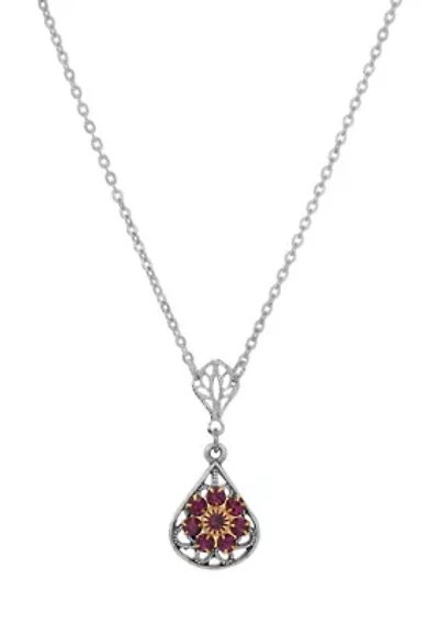 Pewter Purple Flower Teardrop Necklace 16in Adj