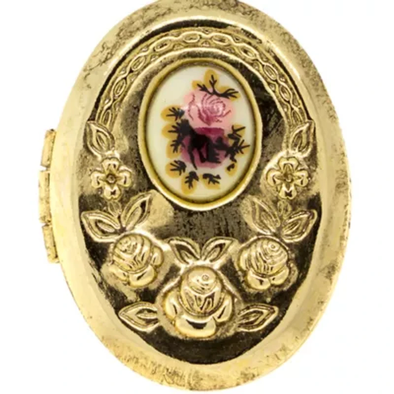 18 Inch Gold Tone Pink/Purple Flower Beaded Locket Necklace