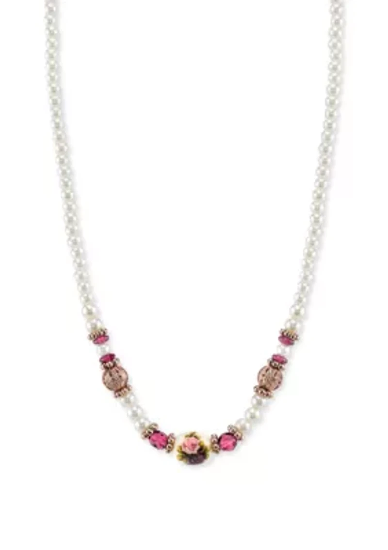 Rose Gold Tone Simulated Pearl Purple Crystal Flower Beaded Necklace