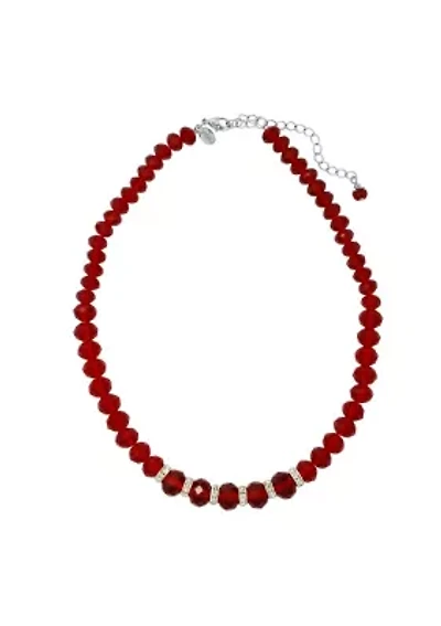 Silver-tone Siam Color Faceted Beaded w/Crystals Necklace 16"Adj.