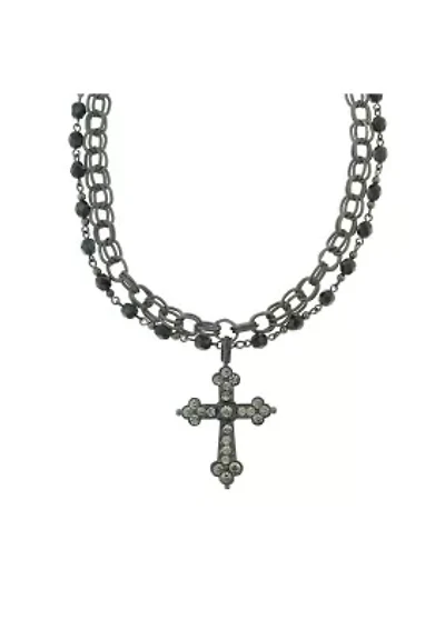 Jet Black Diamond Chain and Beaded Cross Necklace 16"Adj.