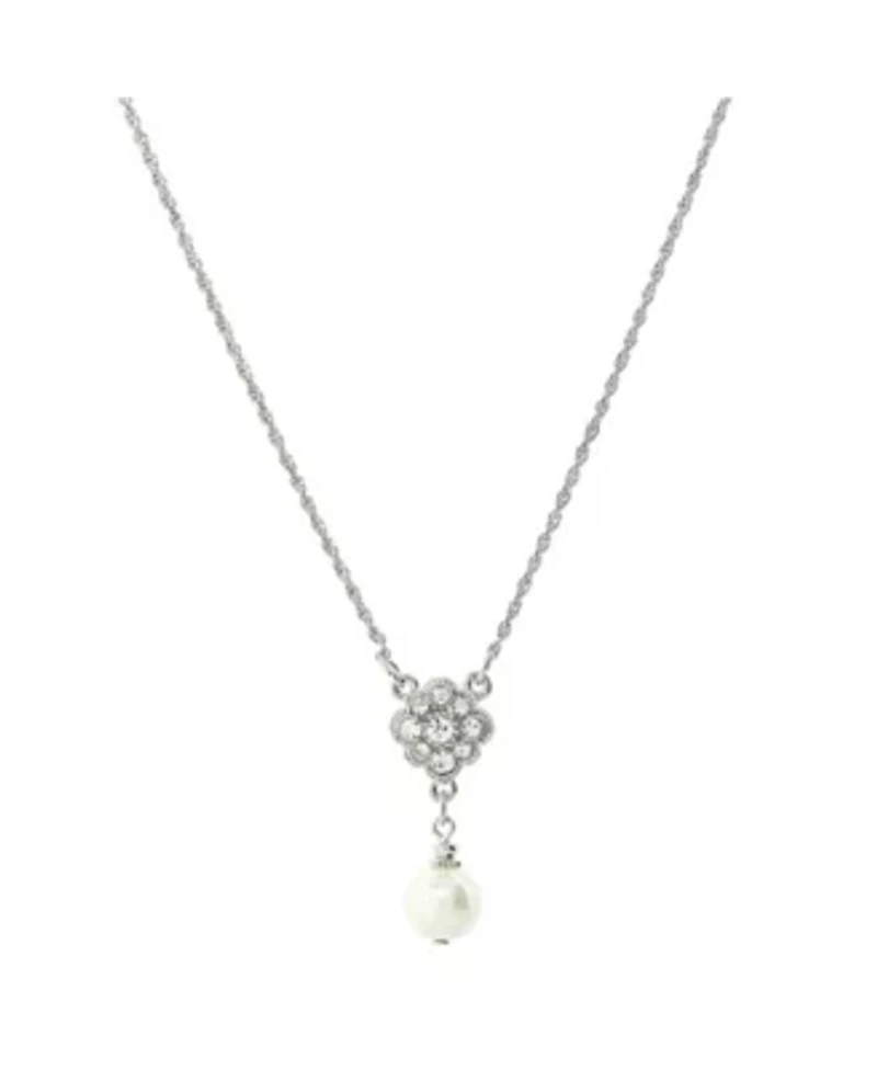 Silver-Tone Faux White Pearl and Crystal 16"ADJ Necklace