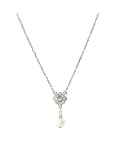 Silver-Tone Faux White Pearl and Crystal 16"ADJ Necklace