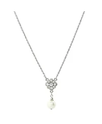 Silver-Tone Faux White Pearl and Crystal 16"ADJ Necklace