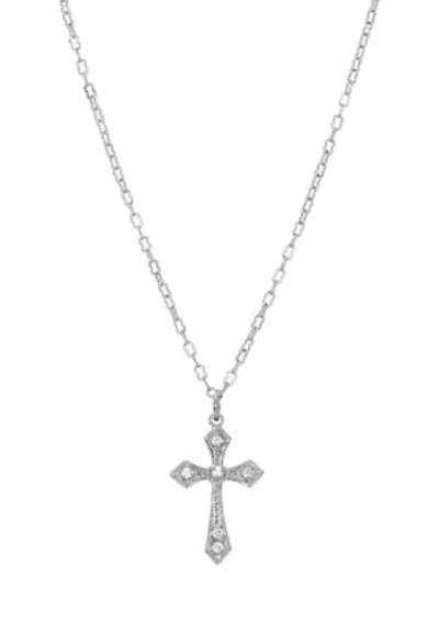 Silver-Tone and Crystal Cross Necklace 15"Adj.