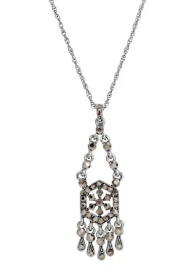 Silver-Tone Hematite Color Stone Drop Necklace 16"Adj.