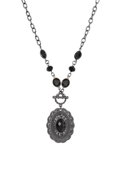 Black-Tone Oval Pendant Necklace 18"Adj.