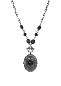 Black-Tone Oval Pendant Necklace 18"Adj.
