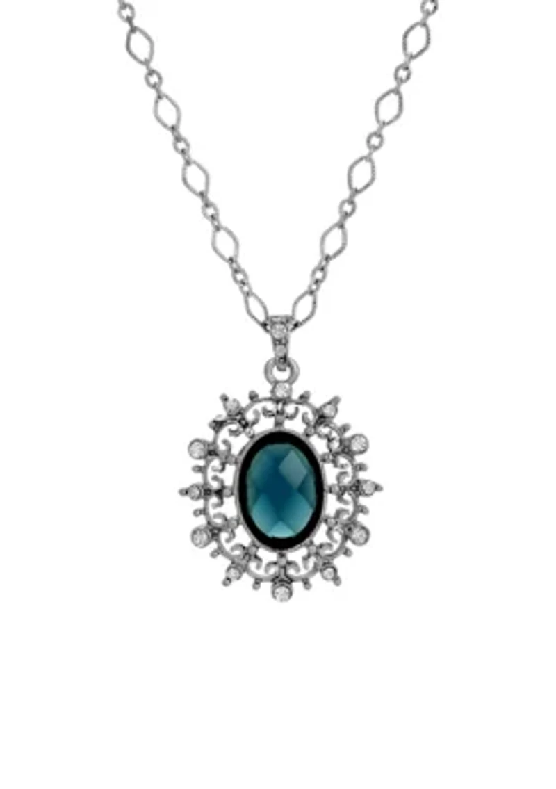 Blue Stone Crystal Oval Pendant 16" Adj.