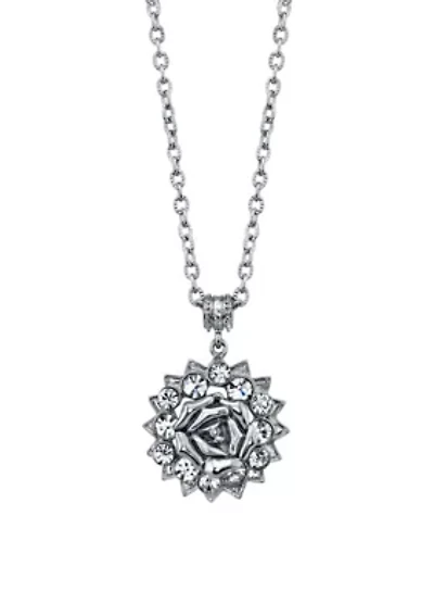 Silver-Tone Crystal Flower Pendant Necklace 16" Adj.