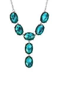 Silver-Tone Blue Oval Faceted Y-Neck Drop Necklace 15"Adj.