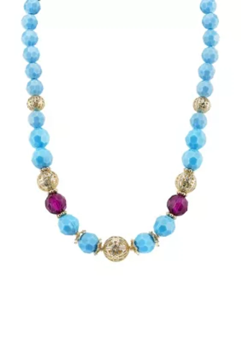 Gold-Tone Turquoise Color and Purple Beaded Strand Necklace 16"Adj.