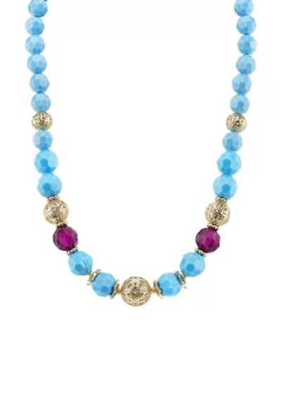 Gold-Tone Turquoise Color and Purple Beaded Strand Necklace 16"Adj.