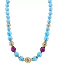 Gold-Tone Turquoise Color and Purple Beaded Strand Necklace 16"Adj.