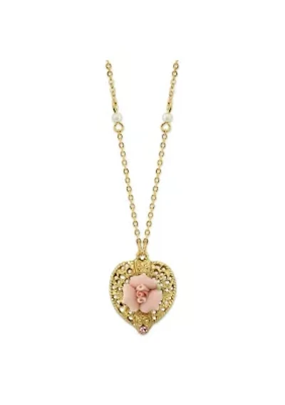 Gold-Tone Pink Crystal Heart and Pink Porcelain Rose Filigree Necklace 16" Adj.