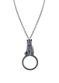 Pewter Cat Magnifying Glass Pendant Necklace