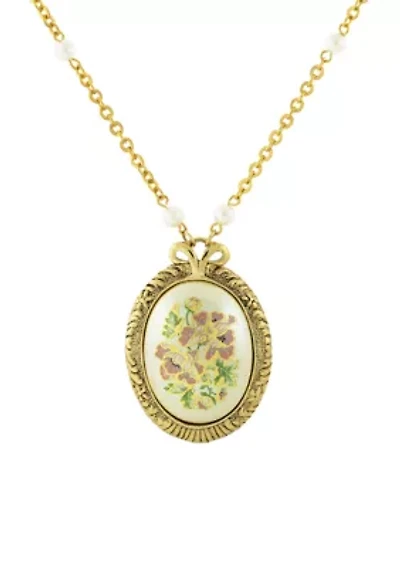 Gold Tone Large Oval Flower Decal Faux Pearl Chain Necklace 30"