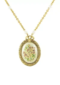 Gold Tone Large Oval Flower Decal Faux Pearl Chain Necklace 30"
