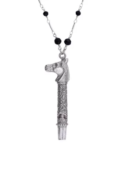 Pewter Horse Head Whistle Black Beaded Necklace 30in
