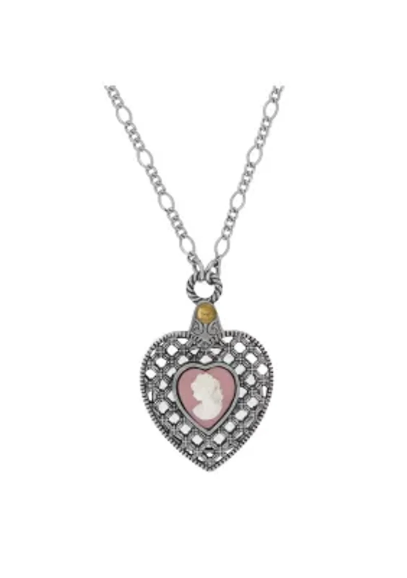 Pewter Heart with Pink Cameo Mirror Necklace 30in