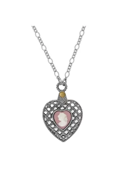 Pewter Heart with Pink Cameo Mirror Necklace 30in