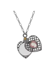 Pewter Heart with Pink Cameo Mirror Necklace 30in