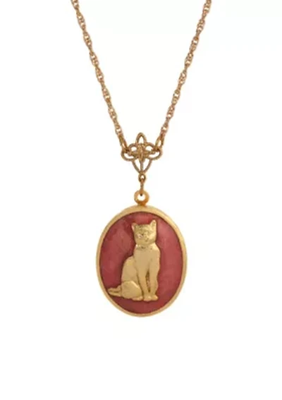 14K Gold Dipped Pink Enamel Oval Cat Locket Necklace